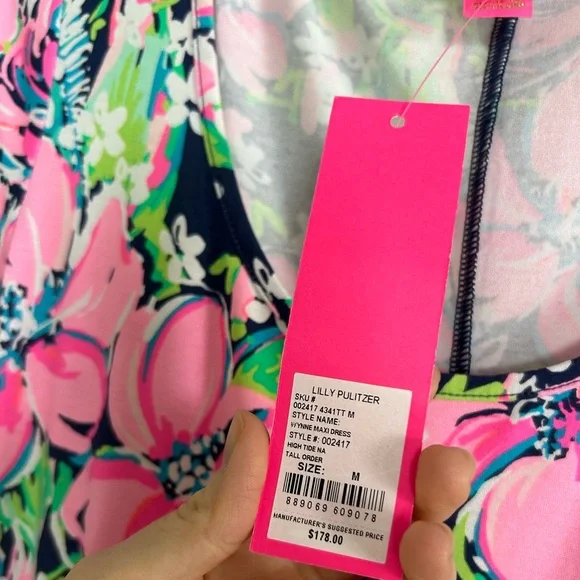 Lilly Pulitzer WYNNE MAXI DRESS High Tide Navy Tall Order Pink Blue NWT - Picture 3 of 3